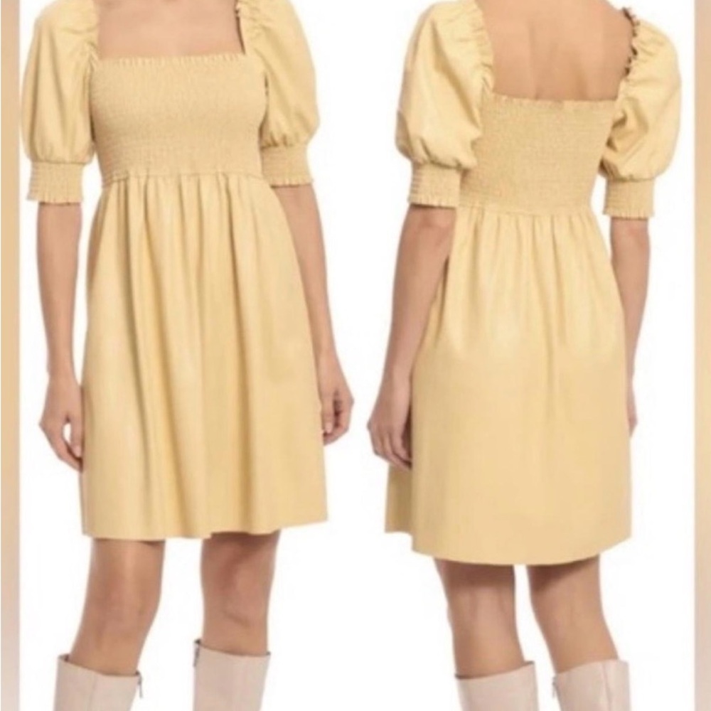 7 For All Mankind  Puff Sleeve Mini Dress butter yellow faux/vegan leather. SM